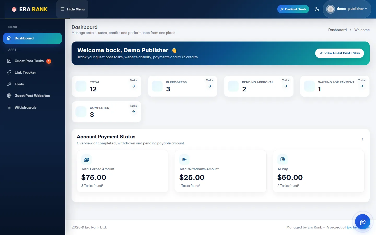 Publisher dashboard