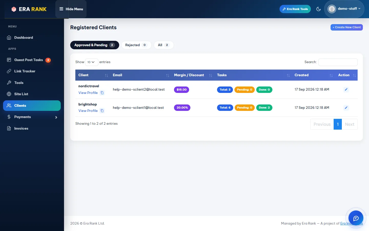 Registered Clients list