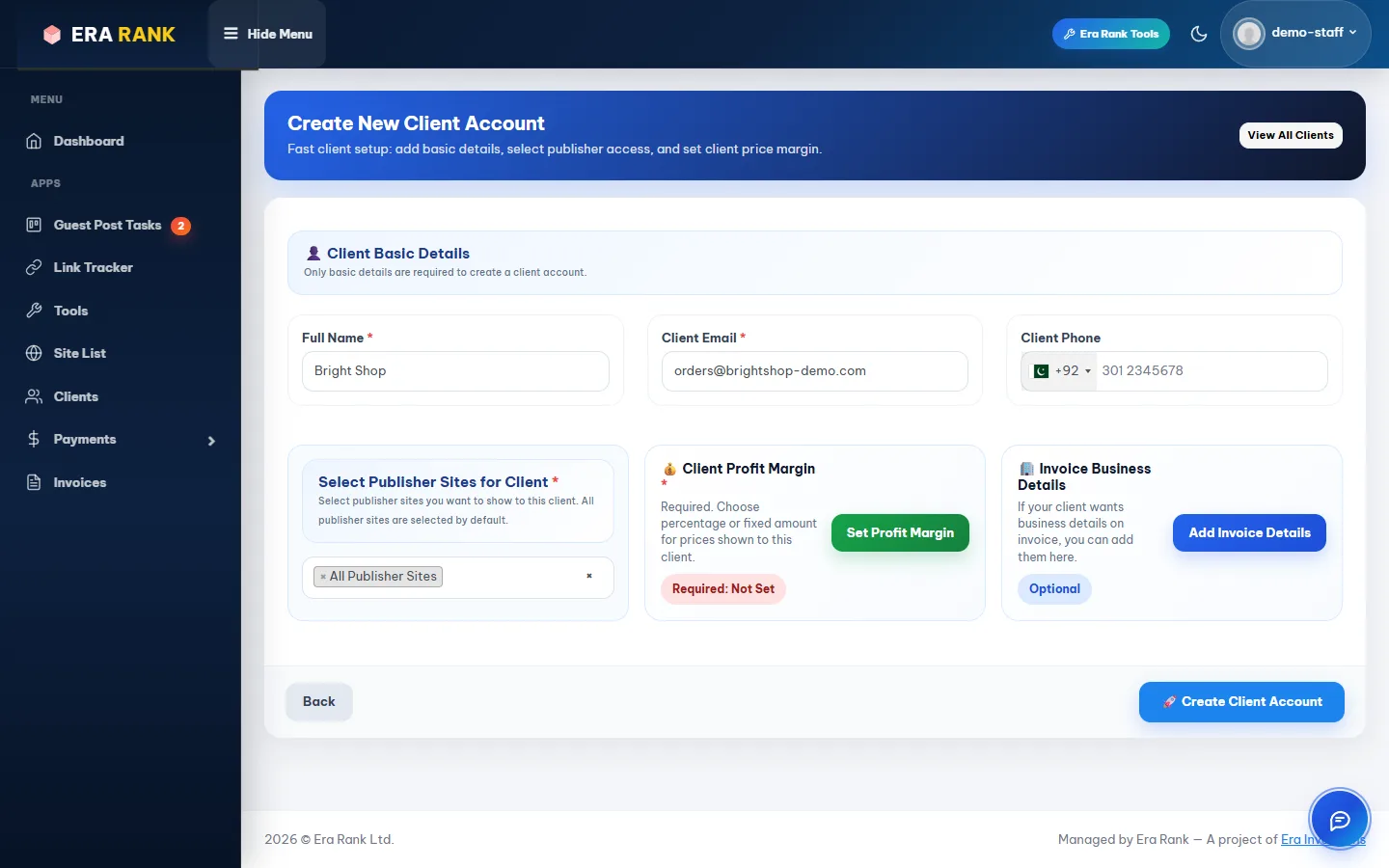 Create New Client Account form