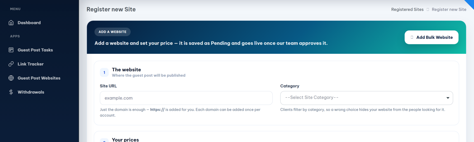 The Create new Site form on Era Rank