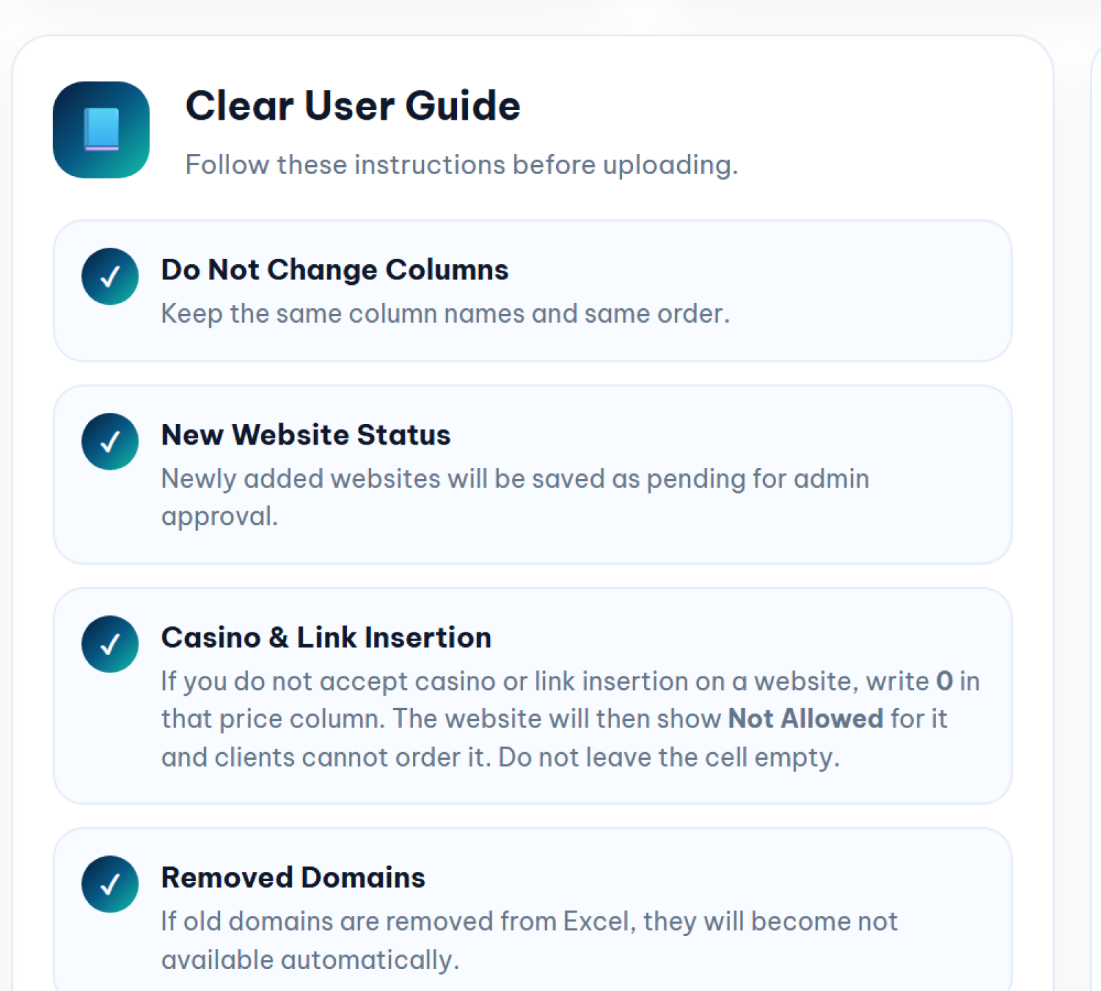 Clear User Guide box on the Excel upload page